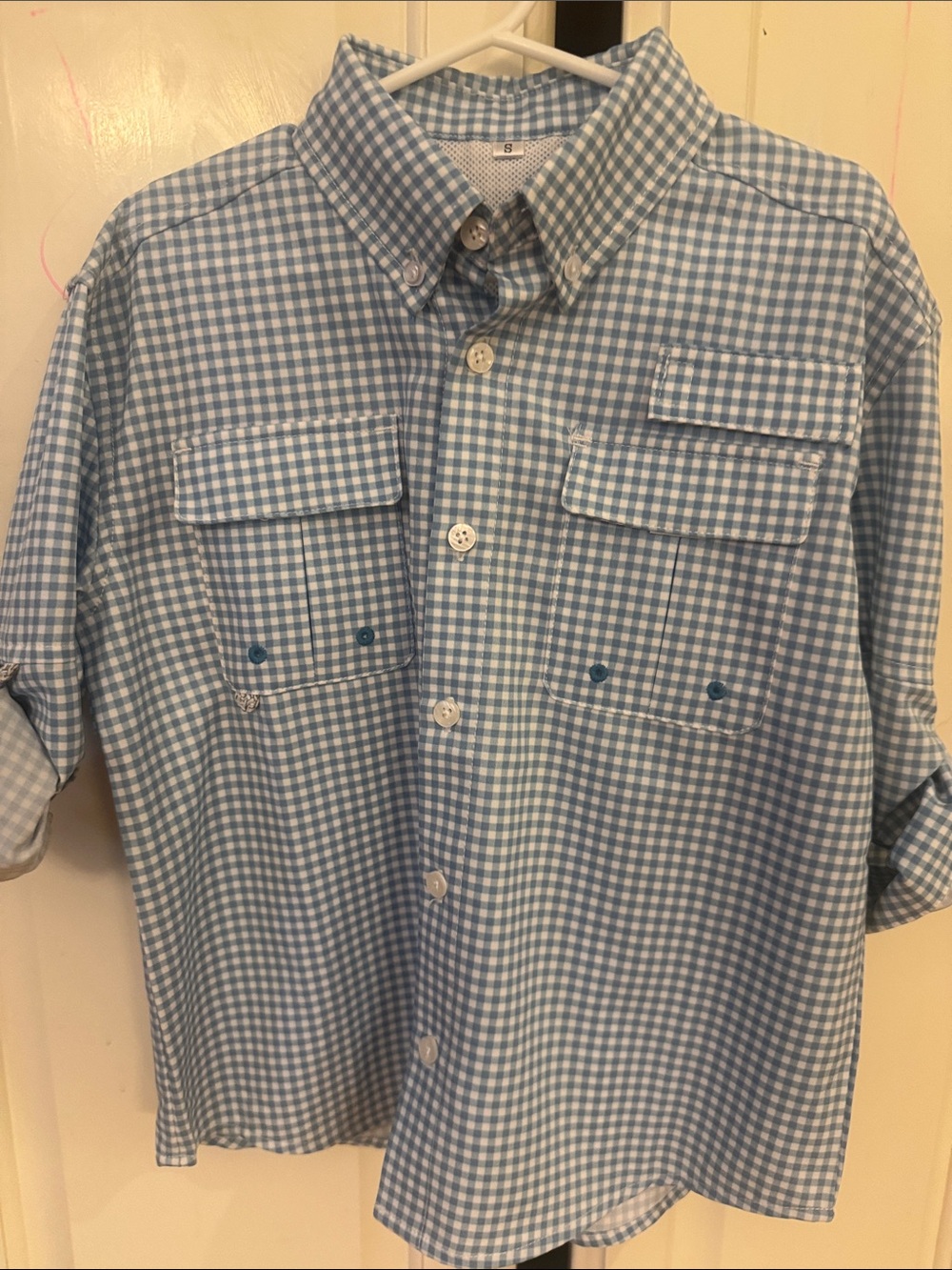 Boys Light Blue Gingham Button-Down fishing shirt